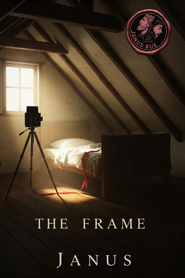 Book cover for The Frame, a literary erotica novella exploring stillness, voyeurism, and psychological collapse.