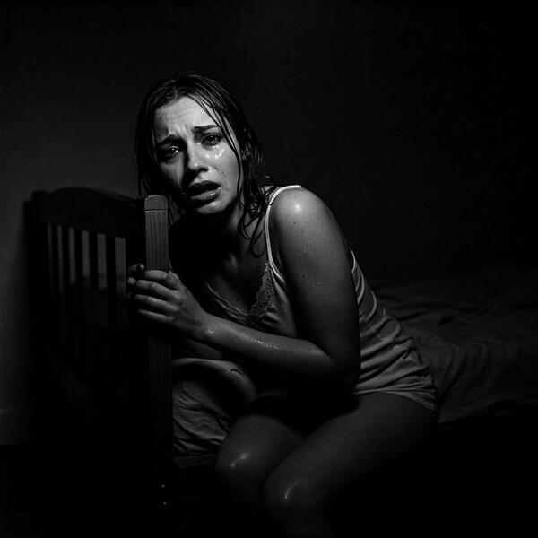 Shame kink erotica image of a naked submissive woman crying beside a bedpost, post-orgasm, emotionally broken and exposed, CMNF, ENF, psychological BDSM, voyeurism.